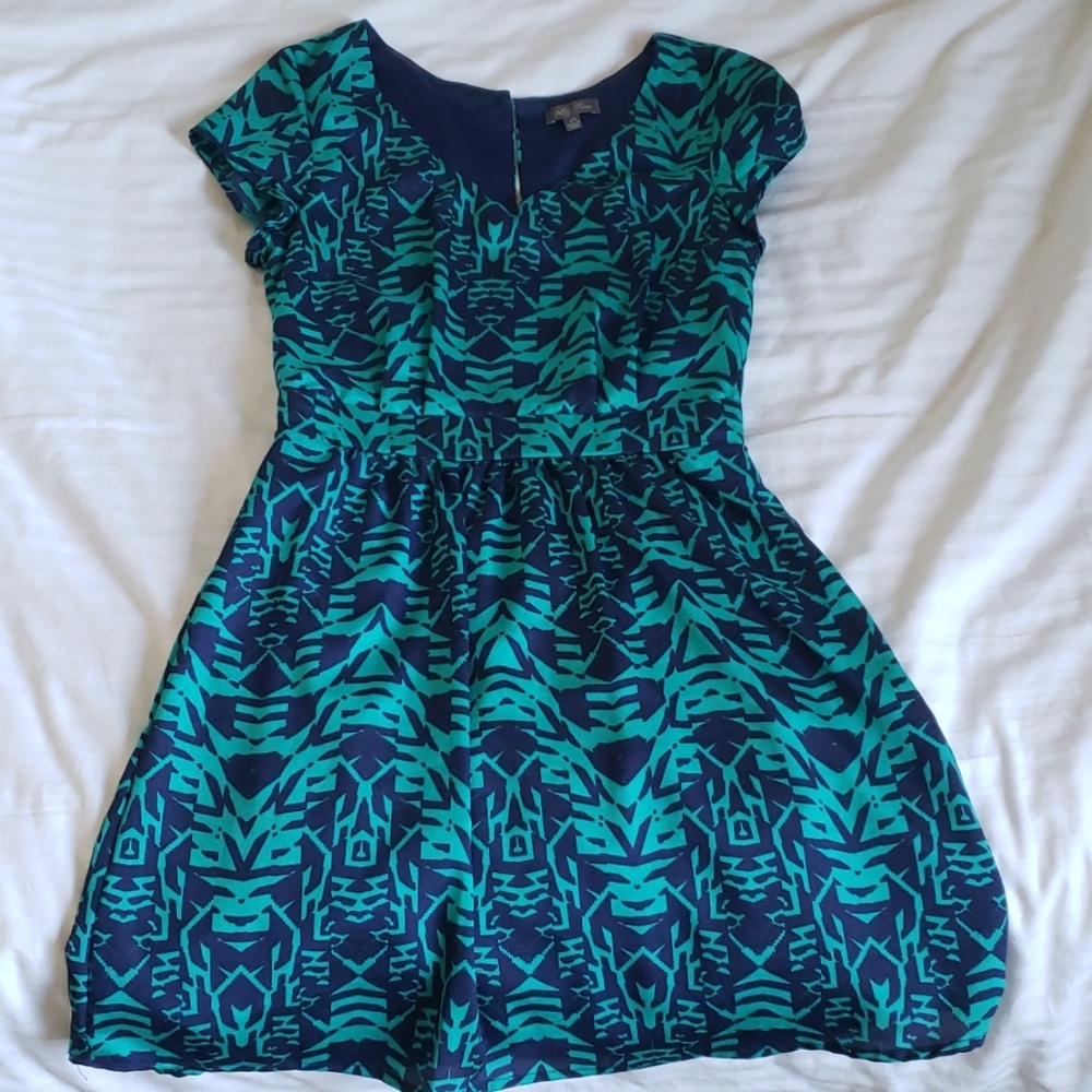 2/$15‼👗 Navy Blue & Teal Tribal Print Dress - Picture 1 of 7